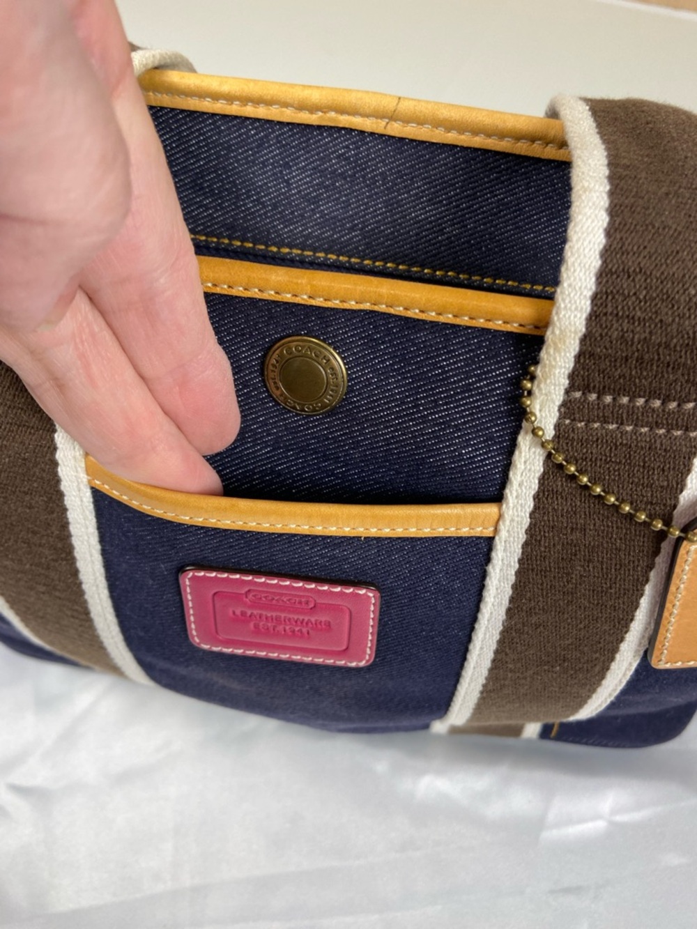 Coach Denim Tote Bag Pink Leather Trim Stripe Canvas Small Carryall Zip Top Y2K - Picture 12 of 15